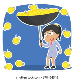 indian businesswoman gathering idea with umbrella in idea rain