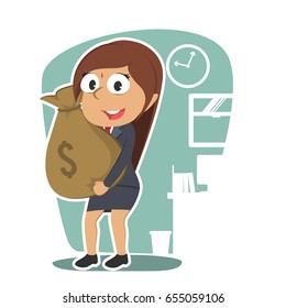 indian businesswoman holding money sack
