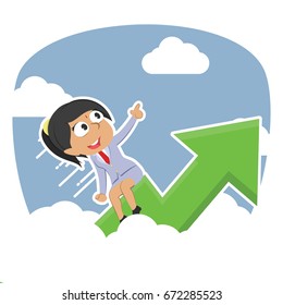 indian businesswoman riding graph through clouds