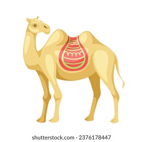 Indian camel with saddle concept. Animal with traditional indian clothes. Bedouin transport in desert, caravan. Poster or banner. Cartoon flat vector illustration isolated on white background