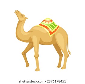 Indian camel with saddle concept. Animal with traditional indian clothes. Wildlife and fauna. Graphic element for website. Cartoon flat vector illustration isolated on white background