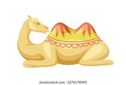 Indian camel with saddle concept. Animal with traditional indian clothes. Fauna and biology. Graphic element for website. Cartoon flat vector illustration isolated on white background