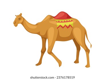 Indian camel with saddle concept. Animal with traditional indian clothes. Mammal and fauna. Sticker for messengers. Cartoon flat vector illustration isolated on white background