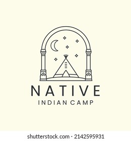 Indian Camp With Badge And Line Art Style Logo Icon Template Design. Teepees, Native, America, Moon, Star, Vector Illustration