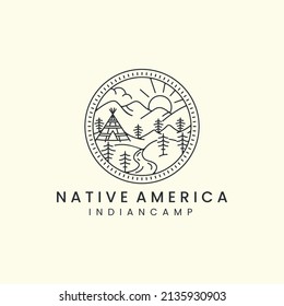 Indian Camp And Mountain With Badge And Line Art Style Logo Icon Template Design. Teepees, Native, America, Sun, Tree, Vector Illustration