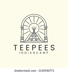 Indian Camp Or Teepees With Badge And Line Art Style Logo Icon Template Design.native, America,traditional, Vector Illustration