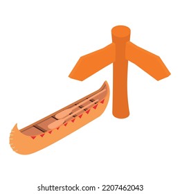 Indian canoe icon isometric vector. Traditional retro canoe and wooden road sign. Native american water transport