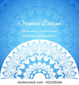 Indian card vector with unique mandala motifs. Blue oriental design. Template for wedding, save the date card or bridal invitation. Flyer for yoga center, spa salon or indian food restaurant.