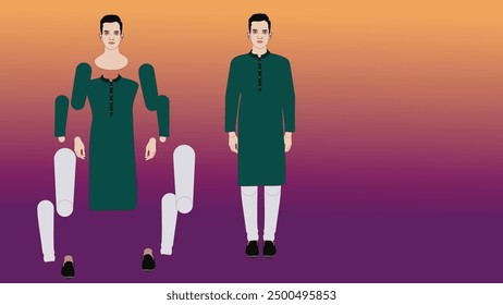 Personaje indio de dibujos animados | carácter de vista frontal | Personaje para animación | Moderno Dhoti Kurta| Carácter de amaño | Diseño de Vector Hombre Diseño de Vector 