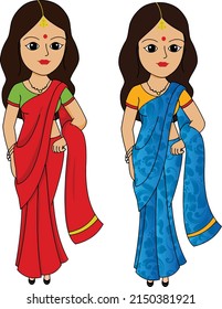 Indian cartoon character. Illustration of lady saree modal sheet. 