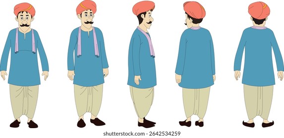 Indian Cartoon Character Turnaround Vector – Traditional Desi Man model sheet in Turban and Ethnic Dress | Front, Side, Back Views for Animation, Comics, Explainer Videos, and Puppet Rigging

