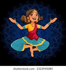 Indian cartoon characters in traditional cultural outfit with mandala background illustration