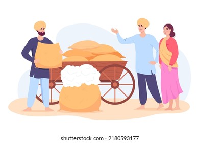 Indian Cartoon Farmer Sacks Of Cotton. Agricultural Farm Business, Village In Maharashtra, Rural People Buying Cotton From Man Flat Vector Illustration. Agriculture, Farming, India Concept For Banner