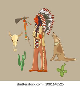 Indian  cartoon set. Indian, chief, warrior, coyote, cactus, buffalo skull, tomahawk.