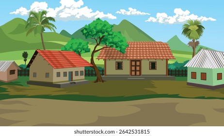 Indian Cartoon Village Background Vector | Rural Landscape with Traditional Mud Houses, Palm Trees, and Mountains Ideal for Animation, Educational Videos and Explainer Projects	
