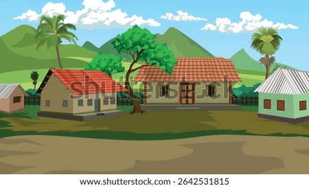 Indian Cartoon Village Background Vector | Rural Landscape with Traditional Mud Houses, Palm Trees, and Mountains Ideal for Animation, Educational Videos and Explainer Projects	
