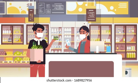 indian cashier and man customer in medical protective masks quarantine coronavirus epidemic concept people buying goods in grocery store supermarket interior portrait horizontal vector illustration