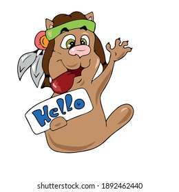 An Indian cat holds a sign with a greeting .Vector children's design on a white isolated background, for postcard banners.Sticker