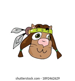 Indian cat muzzle .Vector children's design on a white isolated background, for postcard banners.Sticker