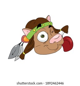 The Indian cat shows his tongue .Vector children's design on a white isolated background, for postcard banners.Sticker