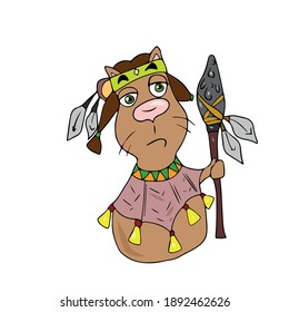 Indian cat with a spear and a pancho .Vector children's design on a white isolated background, for postcard banners.Sticker