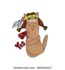 Indian cat and text yes .Vector children's design on a white isolated background, for postcard banners.Sticker