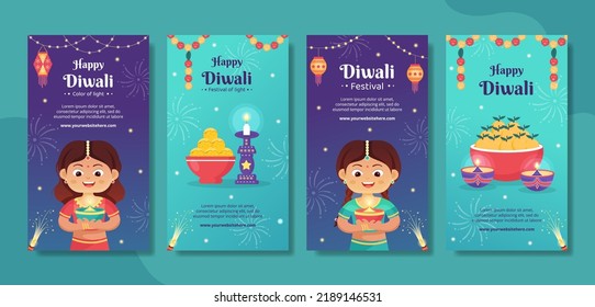 Indian Celebrating Diwali Day Social Media Stories Template Hand Drawn Cartoon Flat Illustration