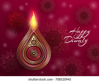 Indian celebration Diwali. Hindu festival of lights celebrated. Beautiful postcard design with national symbols - golden lamp, burning fire and mandalas. Vector illustration