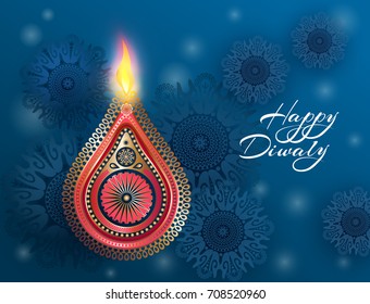 Indian celebration Diwali. Hindu festival of lights celebrated. Beautiful postcard design with national symbols - golden lamp, burning fire and mandalas. Vector illustration