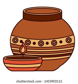 indian ceramic pot with candle flame vector illustration design