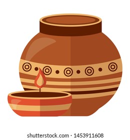 indian ceramic pot with candle flame vector illustration design