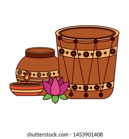 indian ceramic pot folk with drum and lotus flower vector illustration design