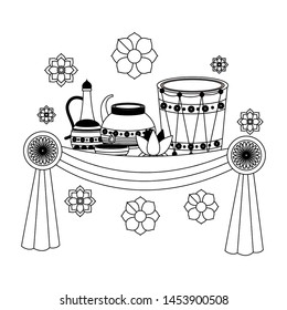 indian ceramic pots with drum and lotus flowers vector illustration design