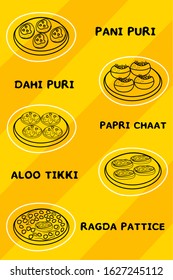 Indian Chaat Line Drawing Pani puri,Dahi Puri,Papri Chaat,Aloo Tikki,Ragda pattice