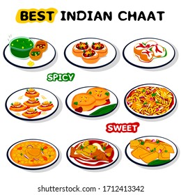 Indian chaat and street Food Vector like pani puri,Bhel Puri,sev puri,Bhalla Papdi,Aloo Chaat,Aloo Tikki,Dahi puri,Ragda Patties,Dahi Vada,Samosa Chaat