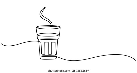 indian chai continuous one line drawing, Masala chai tea doodle drawing. Hand drawn cartoon glass of Indian tea with aromatic spices: cinnamon, cloves, anise and pepper. Vector illustration. tea glass
