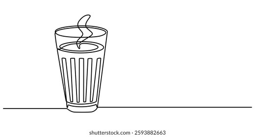 indian chai continuous one line drawing, Masala chai tea doodle drawing. Hand drawn cartoon glass of Indian tea with aromatic spices: cinnamon, cloves, anise and pepper. Vector illustration. tea glass