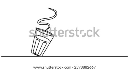 indian chai continuous one line drawing, Masala chai tea doodle drawing. Hand drawn cartoon glass of Indian tea with aromatic spices: cinnamon, cloves, anise and pepper. Vector illustration. tea glass