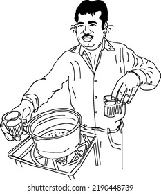 Indian chai wala line art vector silhouette, Indian Tea shop owner cartoon, Sketch drawing of Chai wala, Indian Tea shop clipart