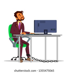Indian Chained Businessman Working On Laptop At Table Vector Flat Cartoon Illustration