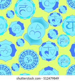 Indian chakra seamless pattern of bue on yellow. vector illustration