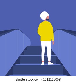 Indian Character going up on the escalator. Metro. Subway station. Shopping mall. Flat editable vector illustration, clip art