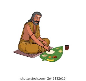 Personagem indiano Rishi Muni Comendo Ilustração de Comida, Desenho Animado Indian Rishi Vetor