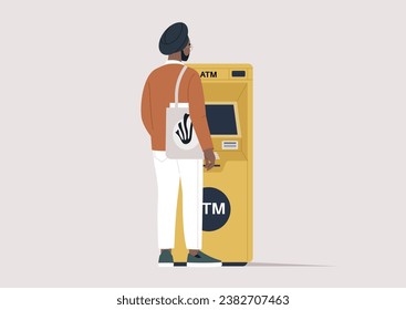 An Indian character wearing a Sikh turban and dressed in business casual office attire, seen from behind, standing next to an ATM machine while withdrawing cash