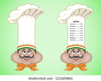 Indian chef and menu on hat with food of India. All the objects are in different layers and the menu text types do not need any font. 