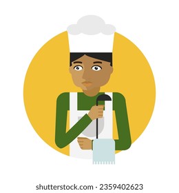 Chef indio con delantal y gorra. Hombre con la mano. Icono de círculo vectorial plano multicolor que representa el concepto de actividades humanas y profesiones aisladas en fondo blanco