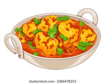 Indian chicken curry with coconut milk menu illustration vector. Indian food chicken curry instant pot. Asian beef curry slow cooker. Meat curry recipe indian. Lamb stew isolated. India cuisine icon. 