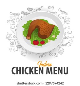 Indian Chicken Menu. Chicken Dish. Banner with hand-draw doodle elements on the background. Vector illustration