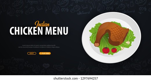 Indian Chicken Menu. Chicken Dish. Banner with hand-draw doodle elements on the background. Vector illustration