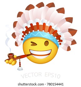 Indian chief emoji. Emoticon of Native American in the ethnic feather headdress.  Funny leader of any Indian tribe with a war bonnet winks, smokes a wooden Pipe of Piece. Chat smiley; isolated vector.